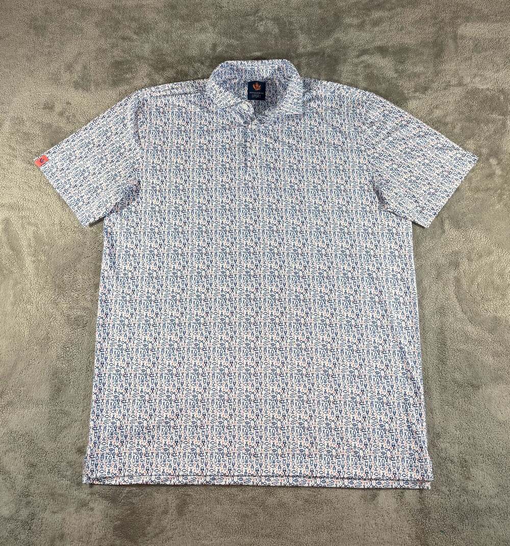 Donald Ross Sport Fish Print Performance Stretch Golf Polo L White Blue Red